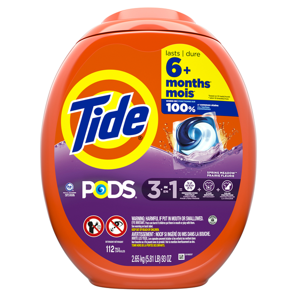 Cápsulas de detergente para ropa Tide PODS 3 en 1: quitamanchas, controla olores, protege el color, compatible con lavadoras de alta eficiencia (HE), aroma a prado florido, 112 cápsulas.